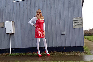 Tranny Outdoors Pissing In Red Pvc Dress