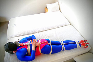 Selfbondage In Leohex Swimsuit And Shiny Catsuit