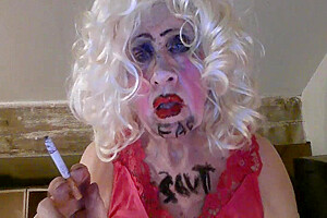 Cd Sissy Sarah Millward Knows Her Id, As Indicated By Whats Written On Her Face And Chest - Fag Slut - As She Smokes, Wanks Her Clit, And Stuffs A Dildo Up Her Nasty Lady Hole 7 Min