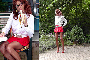 Fuckable Bum In A Red Miniskirt And Nylon Stockings