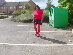 Flashing Out And About Red Stockings And Lingerie