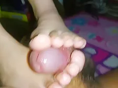 Asian Footjob. Oil Soaked Natural Long Toes.