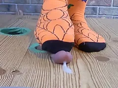 Sexy halloween socks give a painful cum exploding sockjob