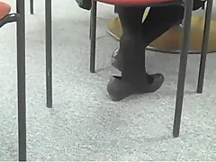 Candid Feet And Seated Dipping in Black Tights & Flats 2010