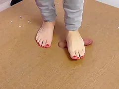 Red toenails footjob footplay cockcrush cumshot