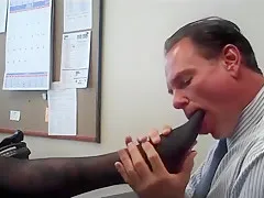 Secretary does amazing footjob with pantyhose and perfect cumshot ending