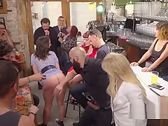 Deep throat fucked slave in public bar