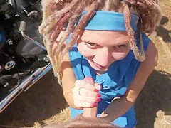 Outdoor footjob and blowjob with dreadlocks girl. Cum on the face