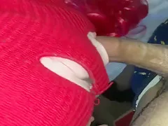 White girl in red ski mask sucks and fucks