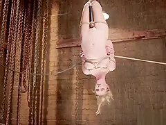 Blonde tormented in hogtie suspension