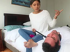 ENOLA'S SLAVE EATING TOENAILS AND DUST FROM HER FEET. FEMDOM