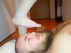 Face,Fingers,Cock trampling in white nylons