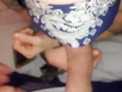 Sexy blindfolded babe sucks cock while bound