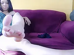 Ebony Cutie Showing Off Gorgeous Feet and Massaging them wirh Lube