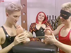 Two Guys Lick Their Feet And Massage Mistress