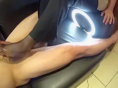 Footjob With Red Nail Polish Cum On Black Fishnet Stockings(side Cam)