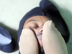 Curvy Goddess Works And Ignores Human Foot Stool As She Rubs Her Smelly Feet Into His Face