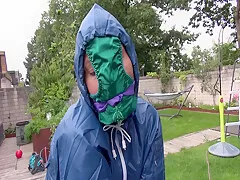 Watch Sandra Beeing Bound, Gagged With A Pantyhood In Her Oldschool Rainsuit