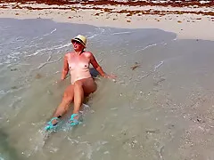Nude Girl Public Beach. Walking And Swimming. Small Tits