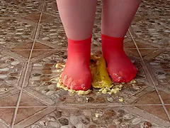 Fat Legs In Socks Ruthlessly Trample Banana. Crush Fetish, Foot Fetish