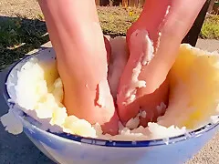 I Couldnt Resist Sticking My Feet Into The Mash Potatoes As Well - Thanksgiving Food Play 2